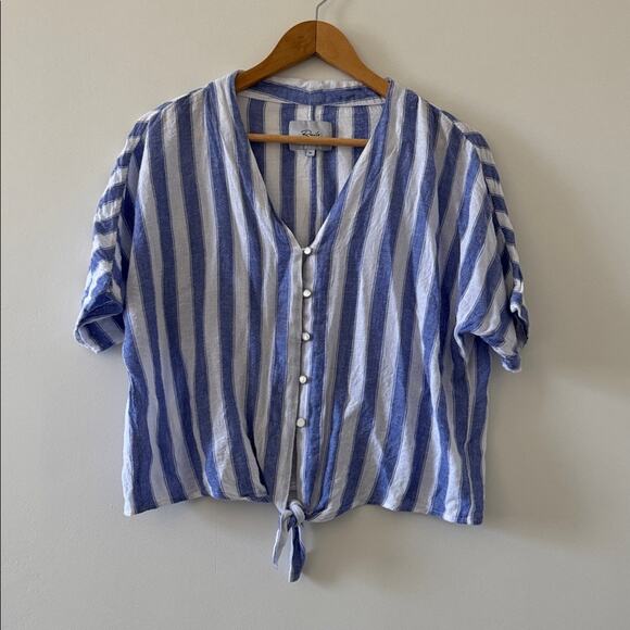 Rails Thea Linen Button Down Tie Front Top Blue White Stripe M - Picture 4 of 7